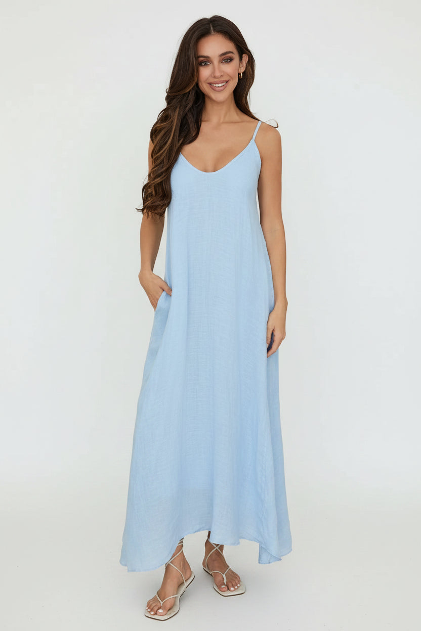 light blue linen maxi dress Seana Beige / L Loft Floral Toile Linen do not tumble dry 3/4 sleeves Size:EU 35 / US 5