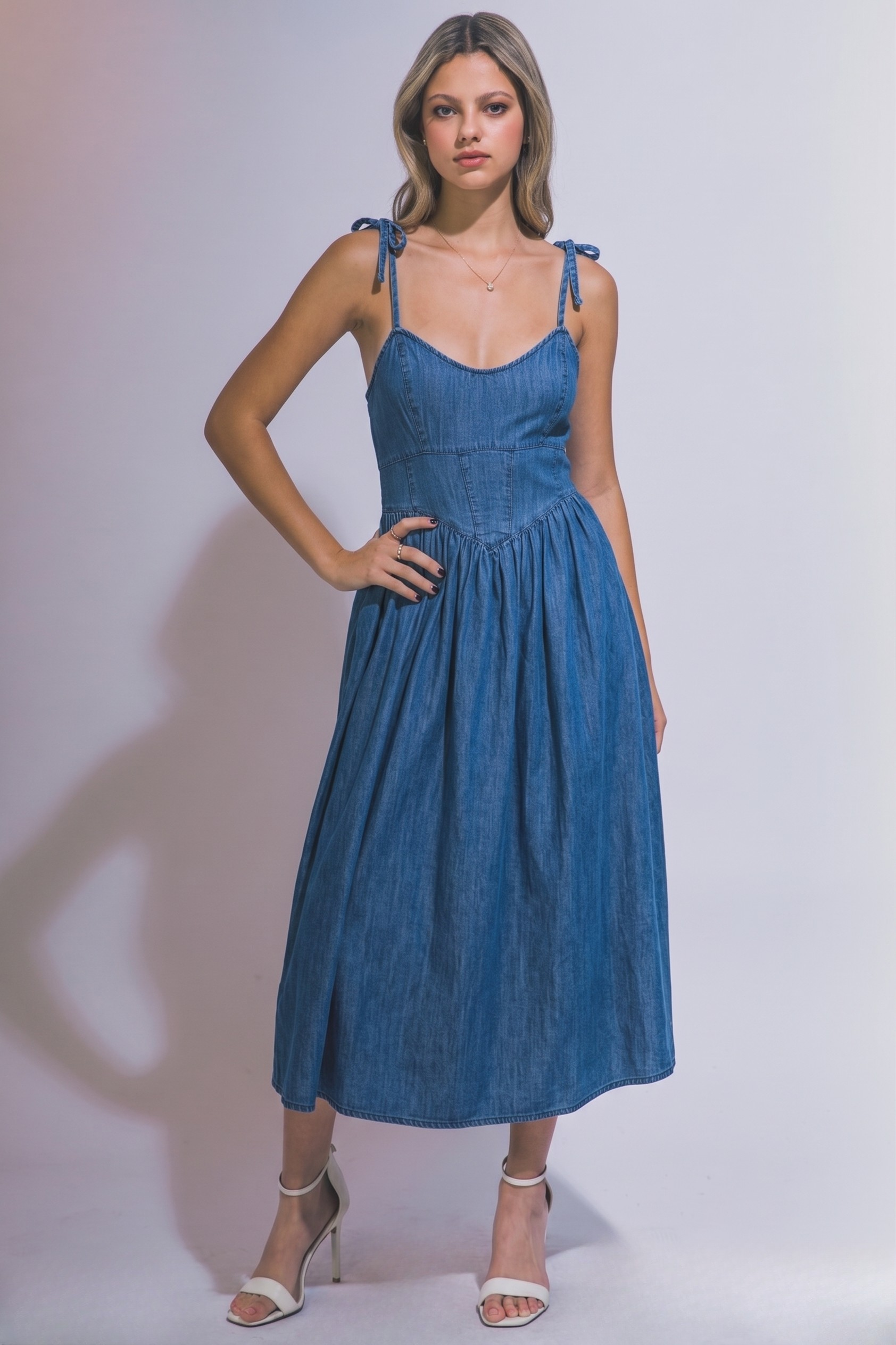 blue midi corset dress Velvi - Maeve Corset Midi Dress - Navy Satin