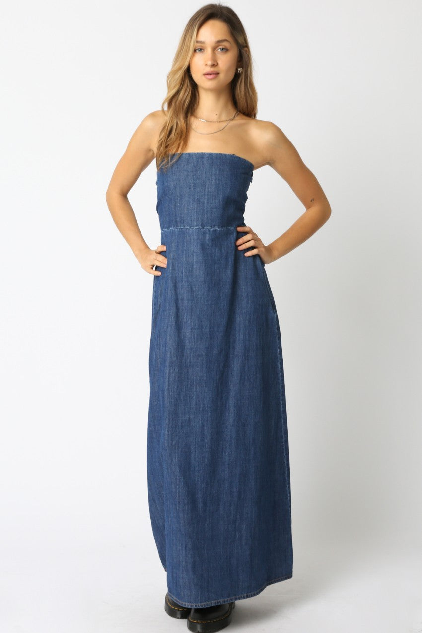 strapless denim maxi dress Blue Angel Drop-Waist Light Chambray / S Can be worn strapless Medium Wash Strapless Denim Maxi