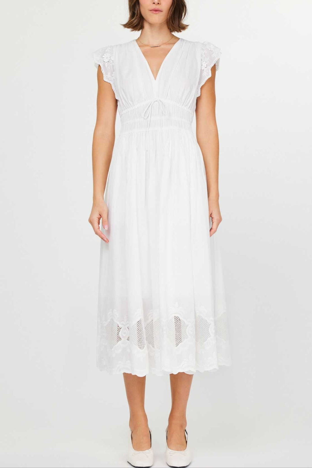 white embroidered midi dress White Embroidered Lace Midi Dress with Ruffled Cap Sleeves and V-Neckline Large