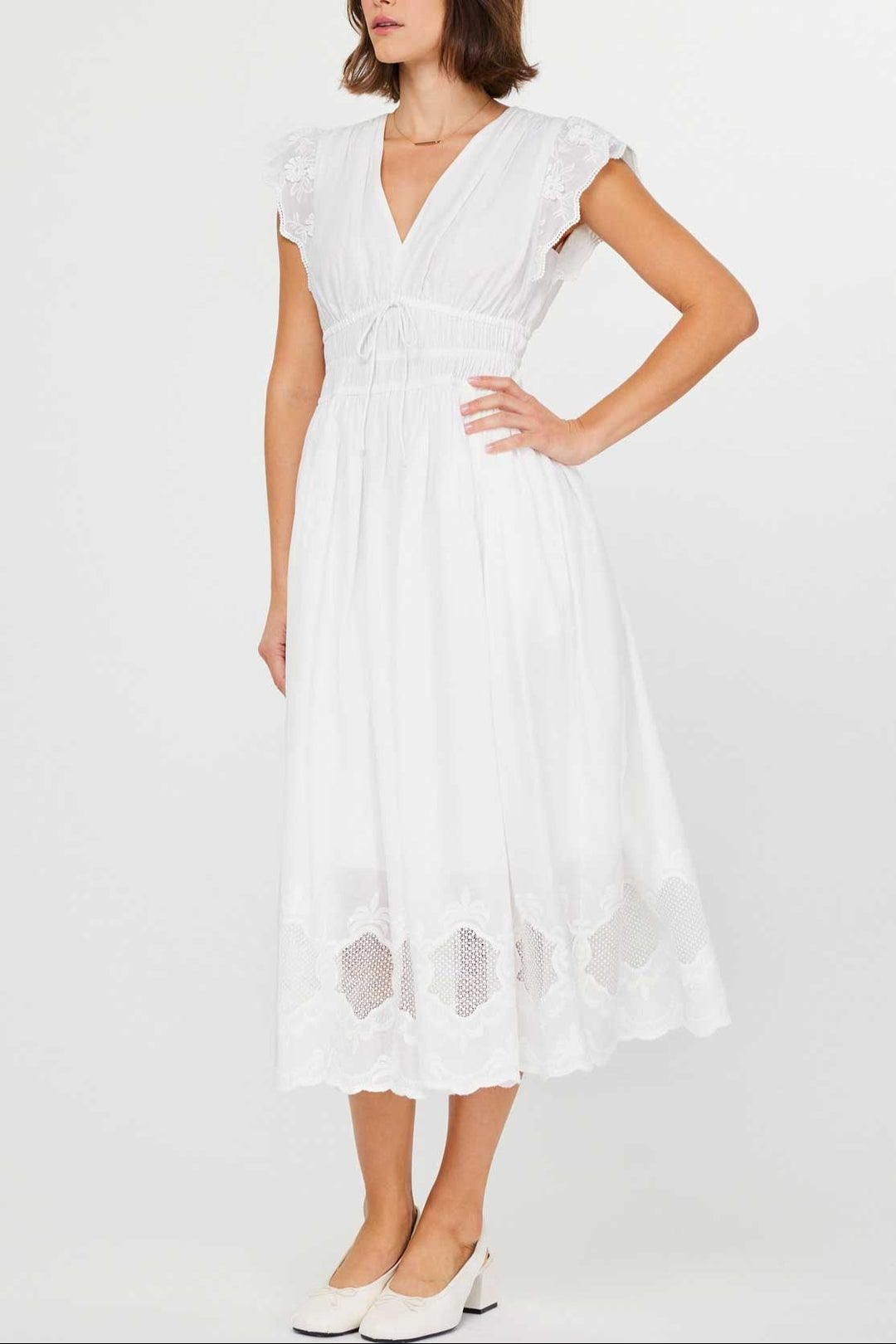 White Embroidered Lace Midi Dress with Ruffled Cap Sleeves and V-Neckline Large White Embroidered Lace Midi Dress with Ruffled Cap Sleeves and V-Neckline Large
