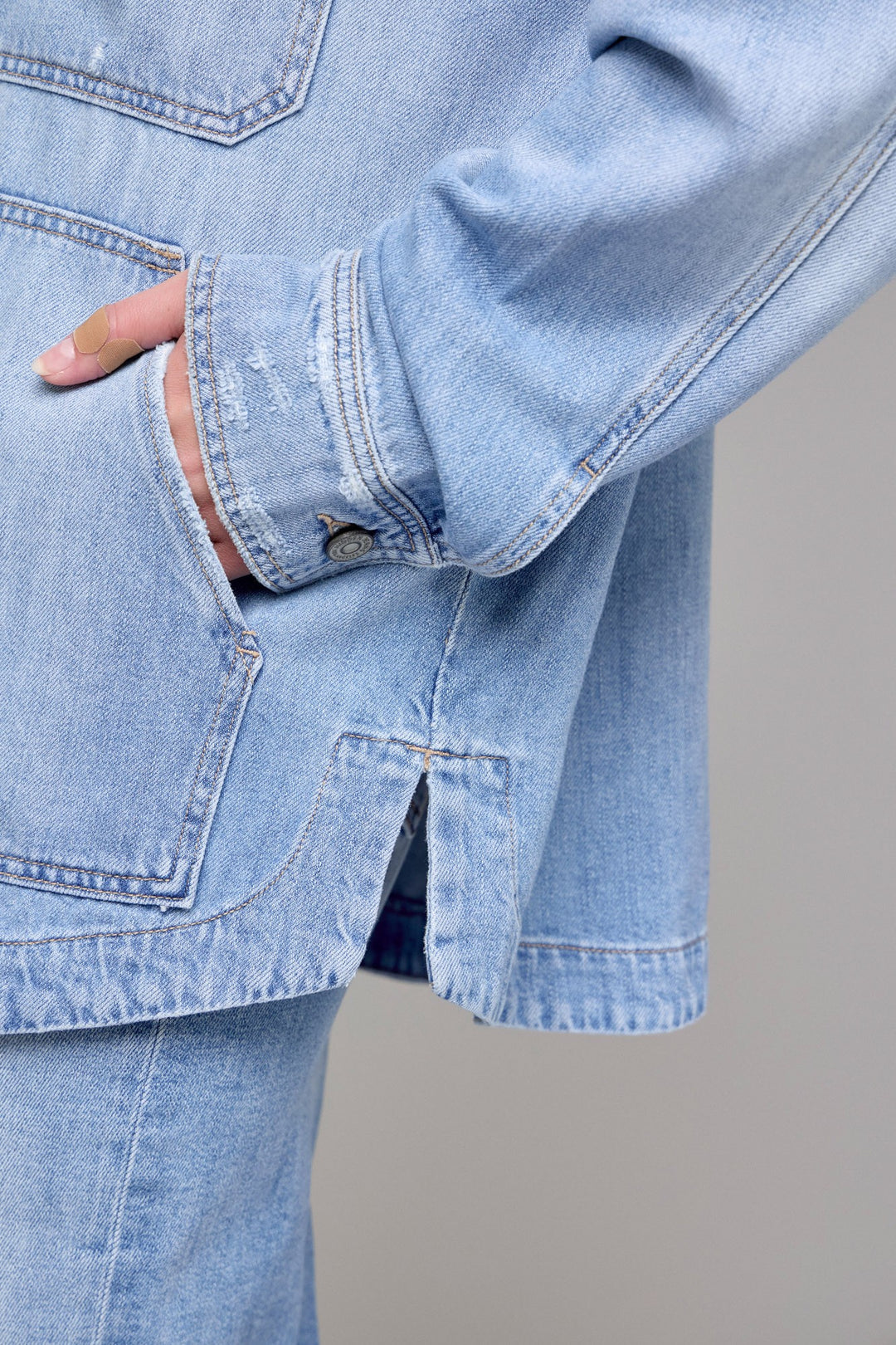 Pieces utility denim shacket and mini skirt set in medium blue Pieces utility denim shacket and mini skirt set in medium blue