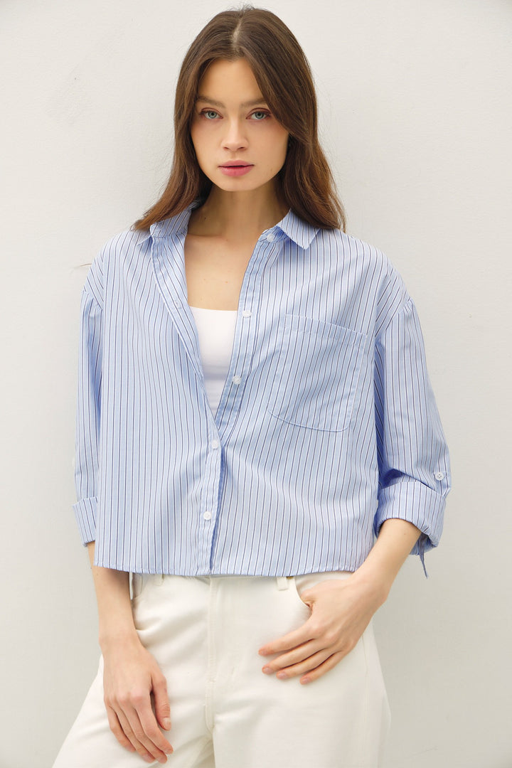 Pin Stripe Cropped Button Up