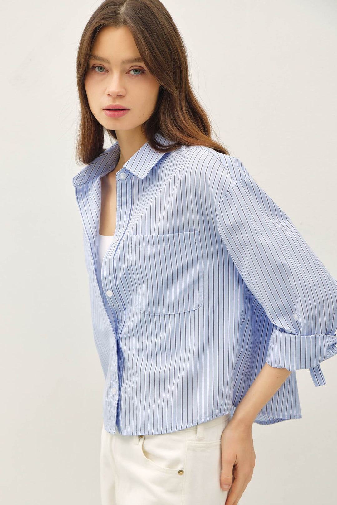 Pin Stripe Cropped Button Up
