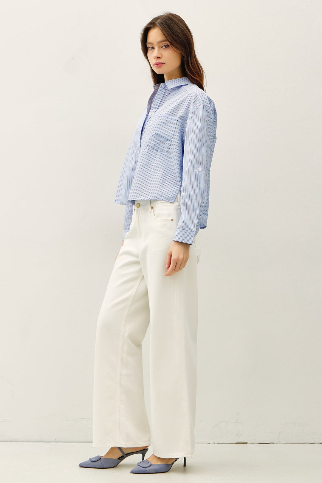 Pin Stripe Cropped Button Up