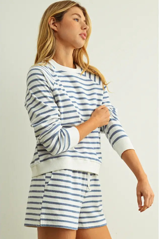 Striped Terry Cloth Pullover Sweatshirt