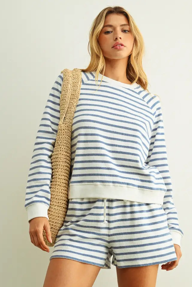 Striped Terry Cloth Pullover Sweatshirt
