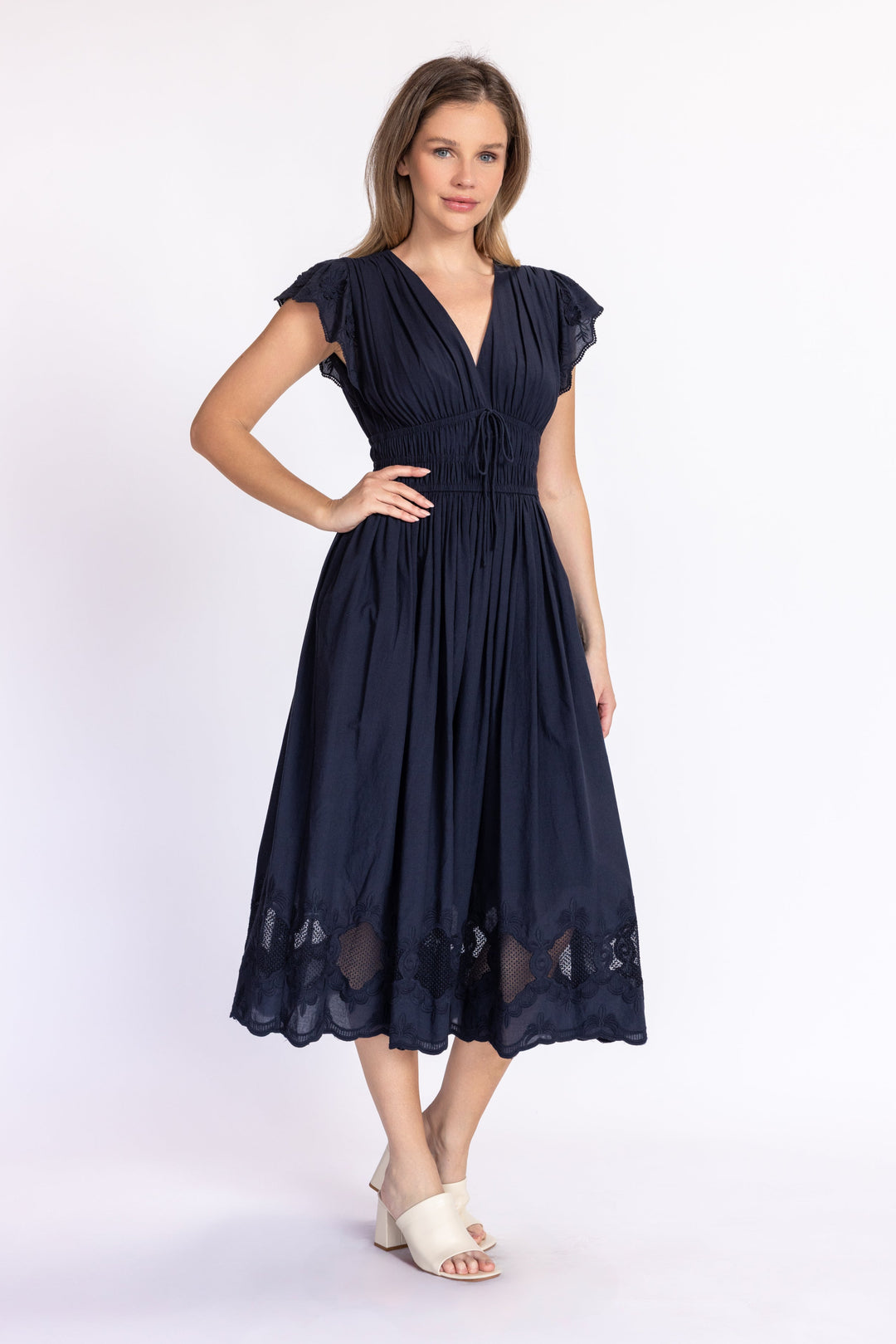 White Embroidered Lace Midi Dress with Ruffled Cap Sleeves and V-Neckline Large White Embroidered Lace Midi Dress with Ruffled Cap Sleeves and V-Neckline Large