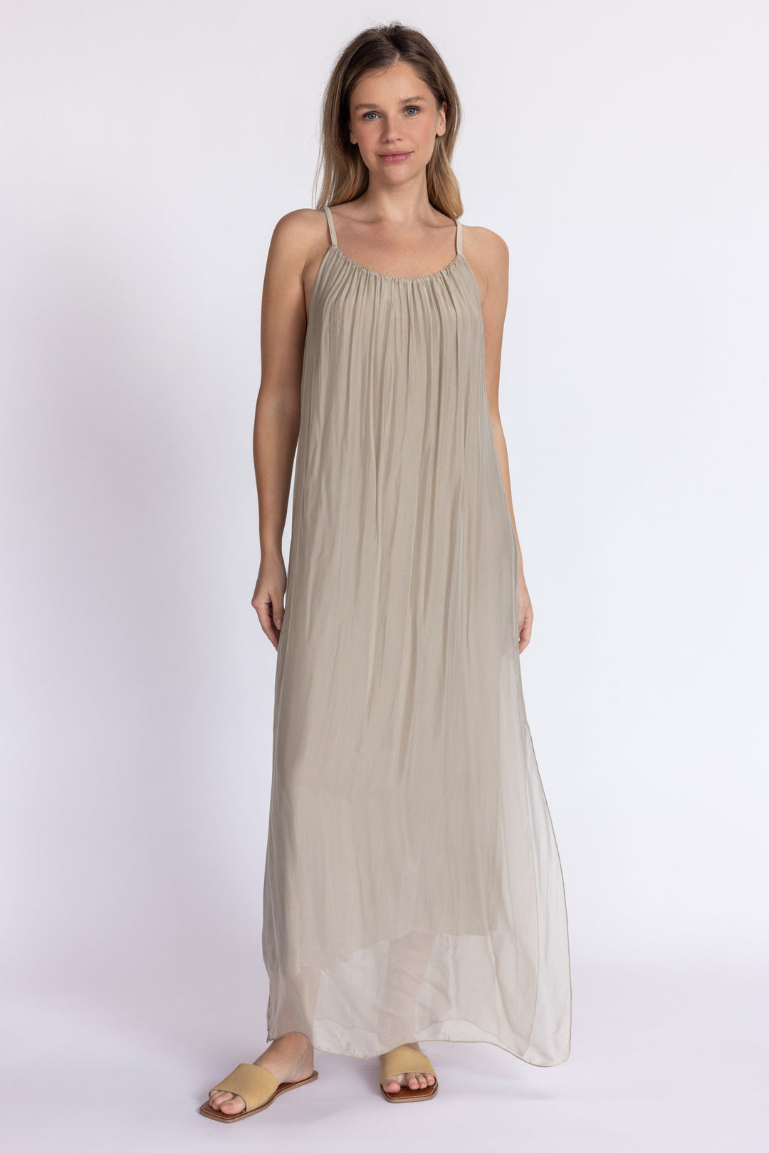 beige silk dress ZW COLLECTION ASYMMETRIC SATIN - Light back sandals and minimal jewelry to highlight the form. Satin Slip Mini Dress -