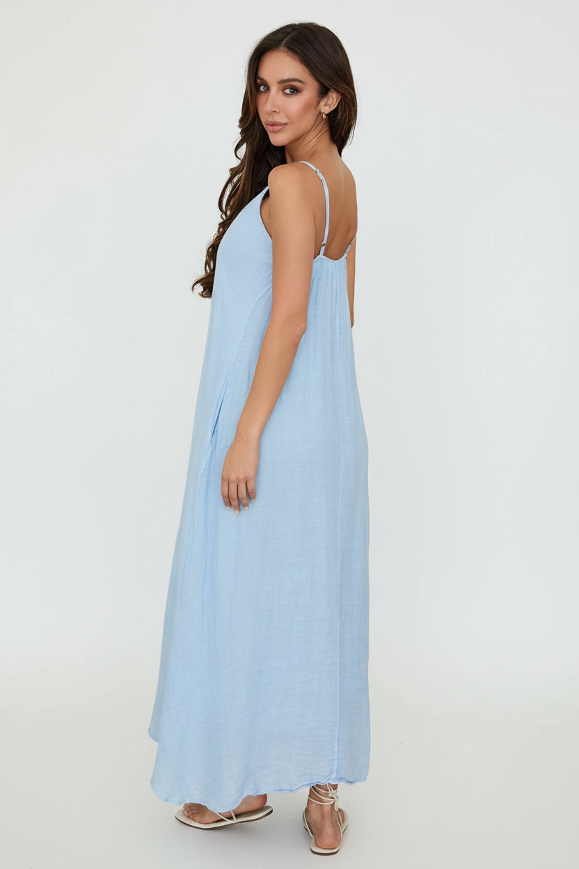 linen maxi dress spaghetti strap Linen Maxi Dress: Spaghetti Strap Long Dress With Slits ZOE