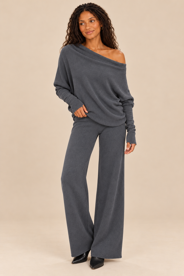 Cassie Charcoal off-shoulder styling with natural expression