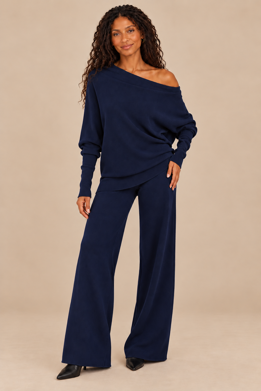 Cassie Navy asymmetrical drape sweater off-shoulder front with matching knit pants