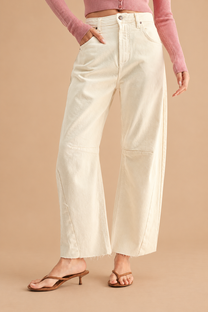 Barrel Jean — Almond, front view on tan background