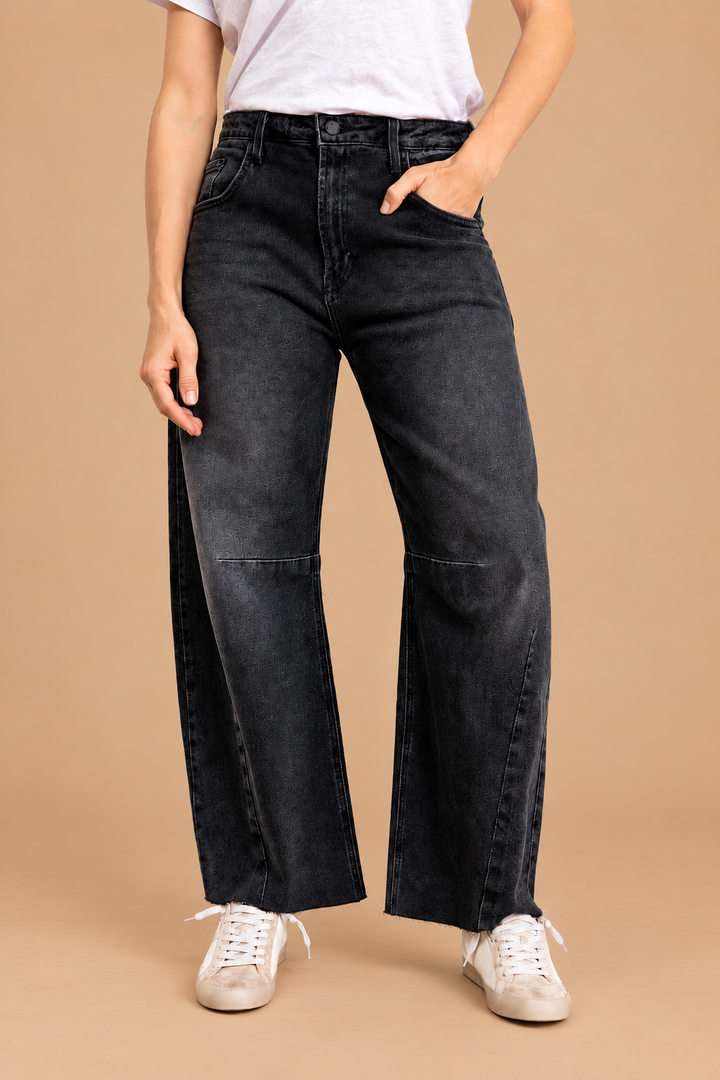 Barrel Jean — Washed Black, front view on tan background