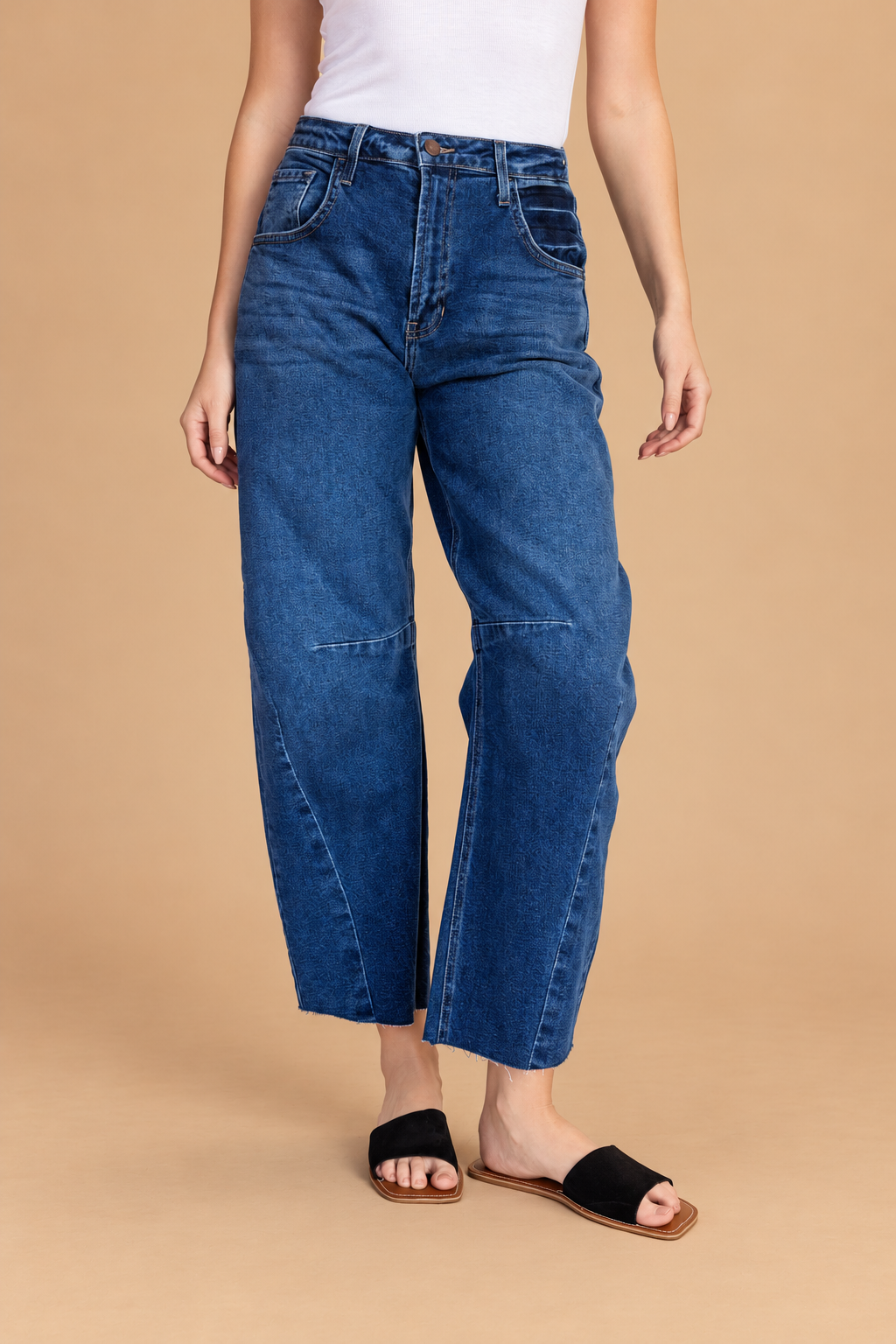 Barrel Jean — Dark Denim, front view on tan background