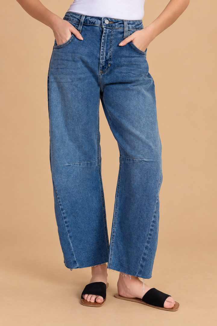 Barrel Jean — Medium Denim, front view on tan background