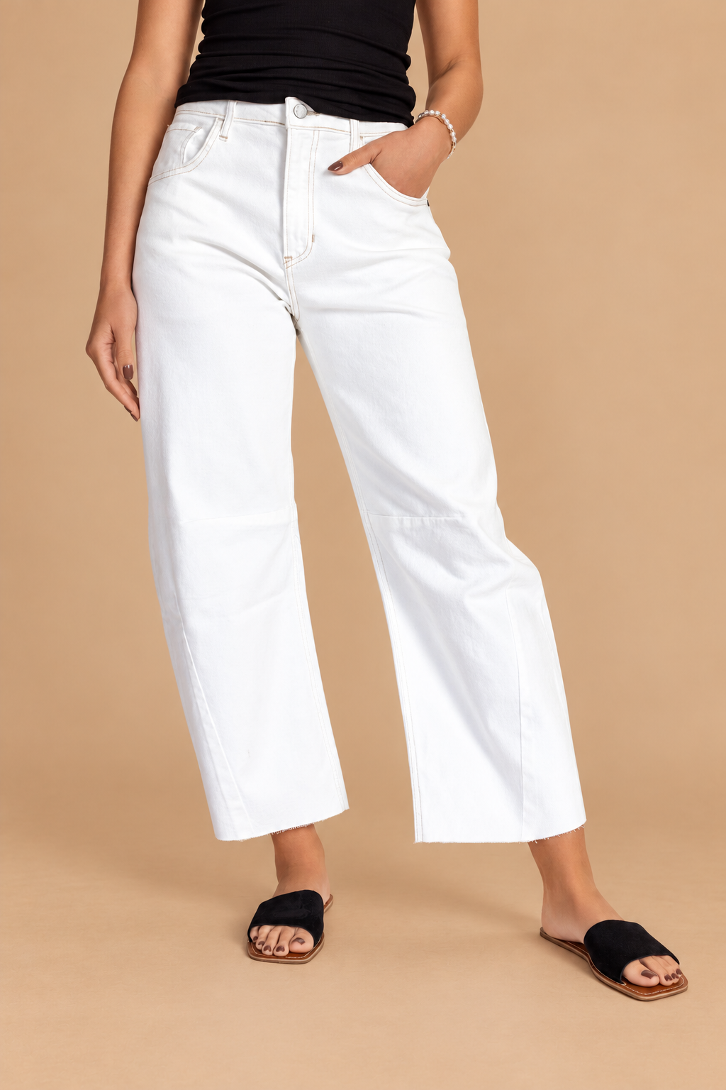Barrel Jean — Off White, front view on tan background