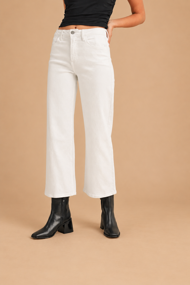 California Classic Wide Leg Jeans — Optic White, front view on tan background