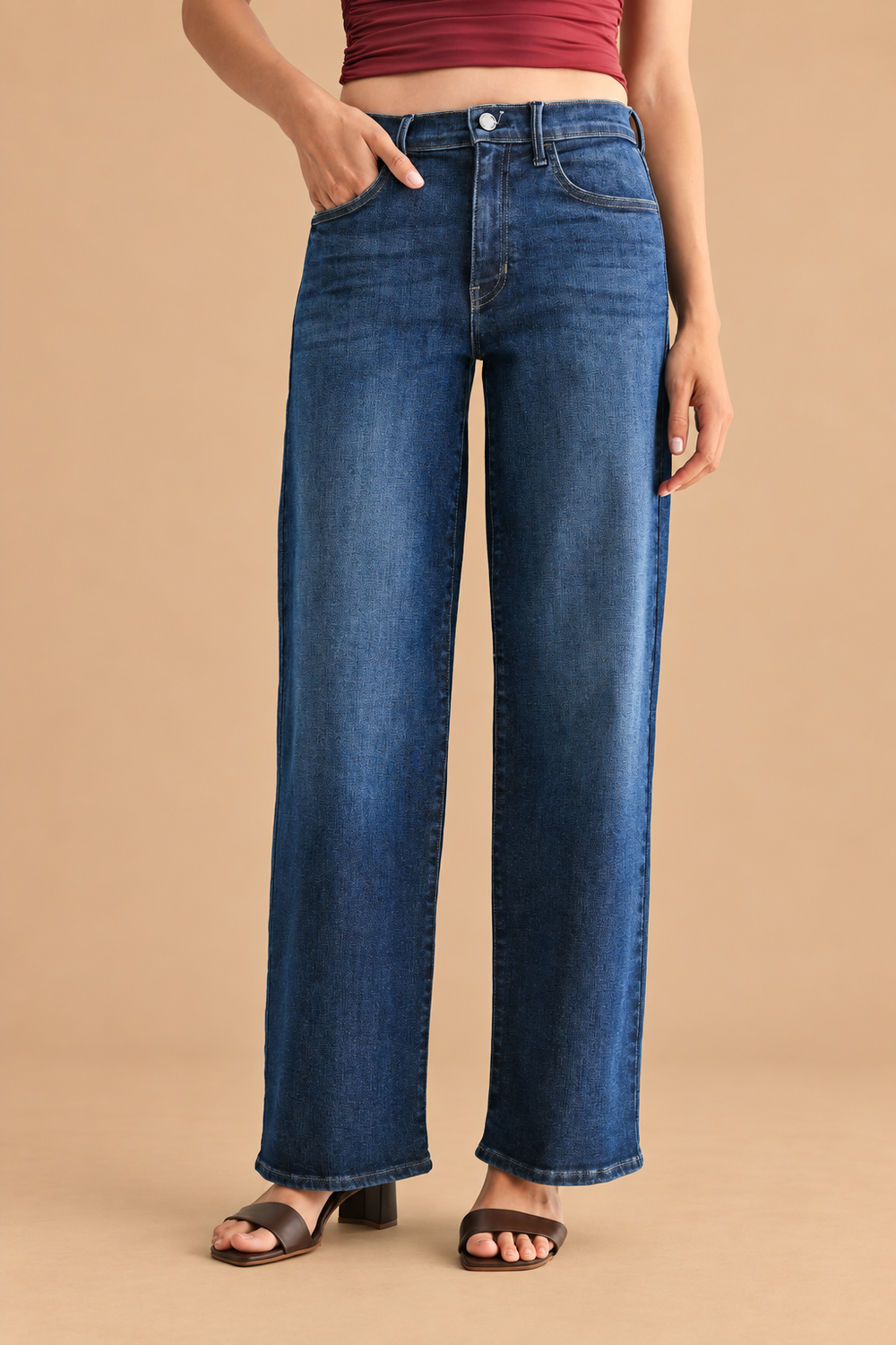 Loose Straight Jean — Dark Wash, front view on tan background