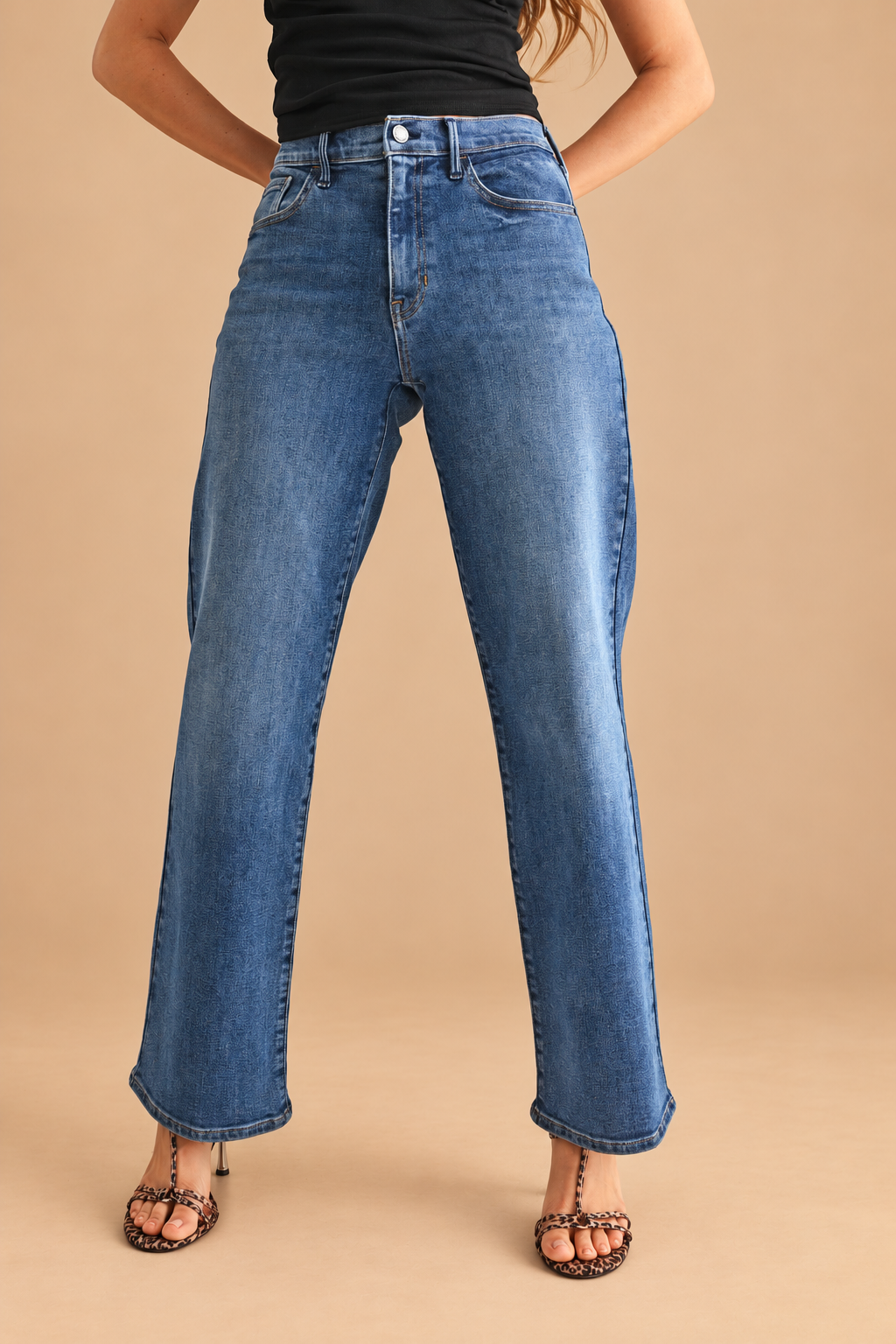 Loose Straight Jean — Medium Wash, front view on tan background