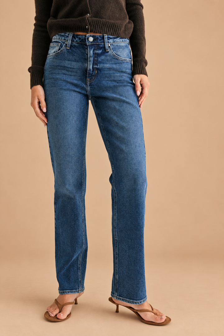 Mid Rise Stovepipe Straight Leg Jean — Dark Denim, front view on tan background