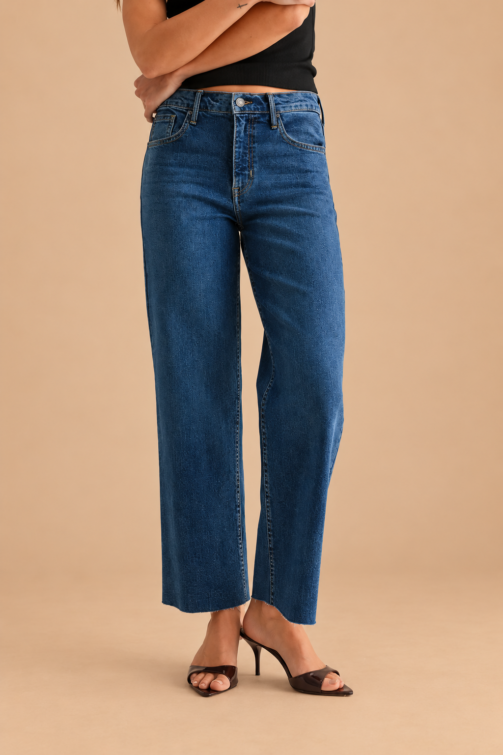 Classic Straight — Dark Denim, front view on tan background