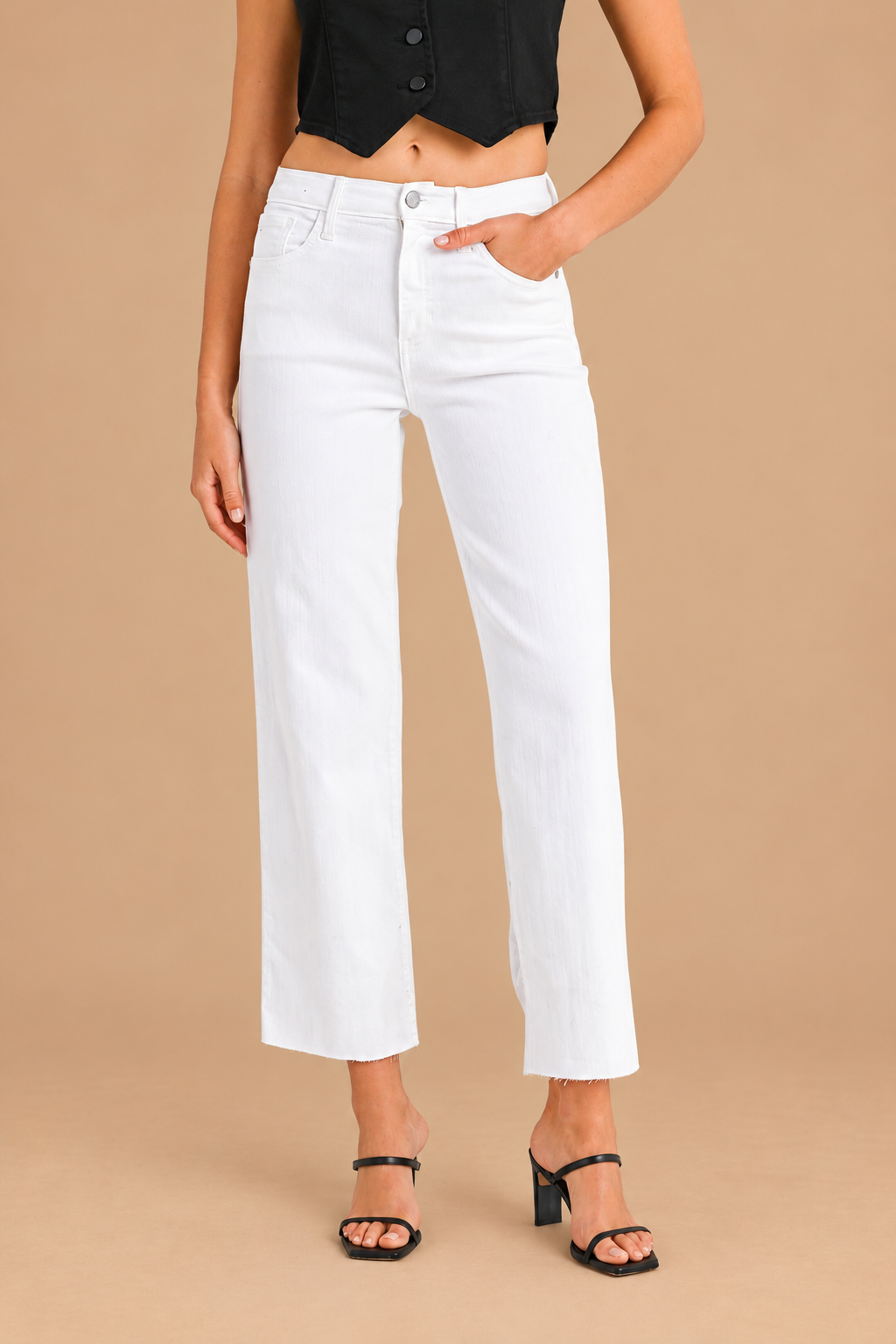 Classic Straight — Optic White, front view on tan background