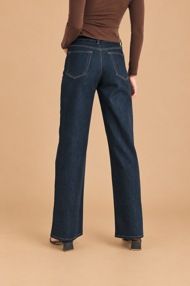 Relaxed Wide Straight Jean — Dark Denim, back view on tan background