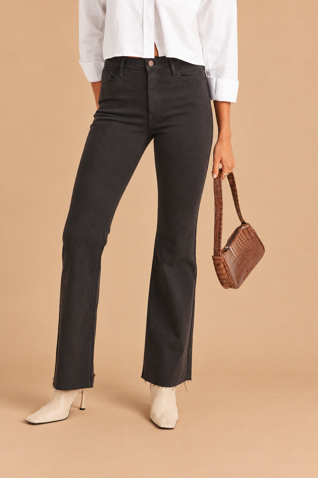 Scissor Cut Flare Jean — Dark Chocolate, front view on tan background