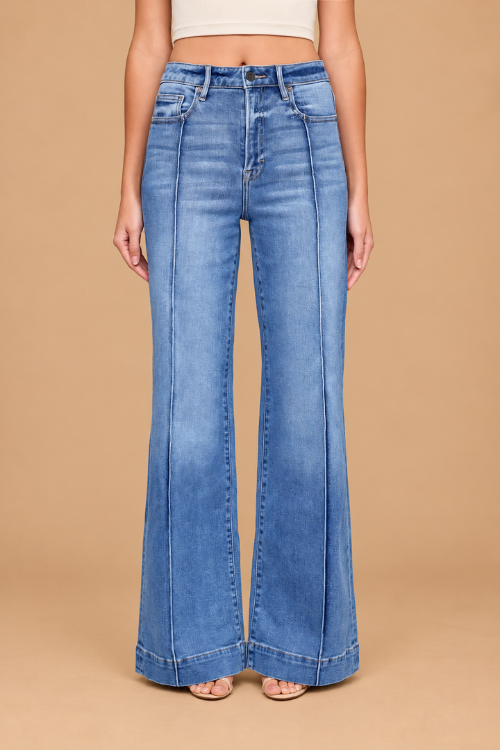 Ann Pintuck Flare Jean — Medium, front view on tan background