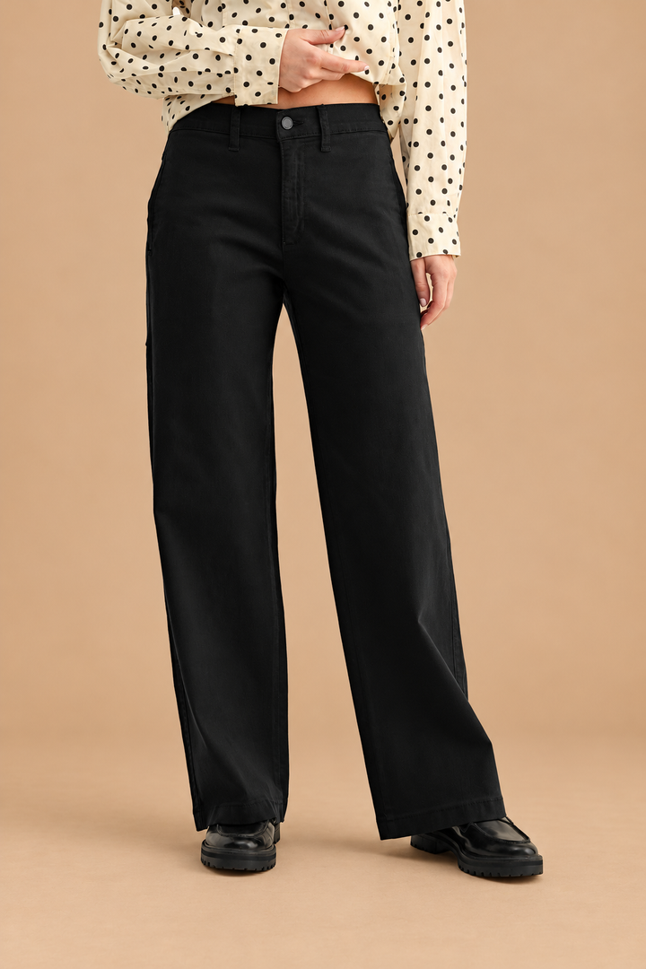 Stretch Twill Straight Leg Pant — Black, front view on tan background