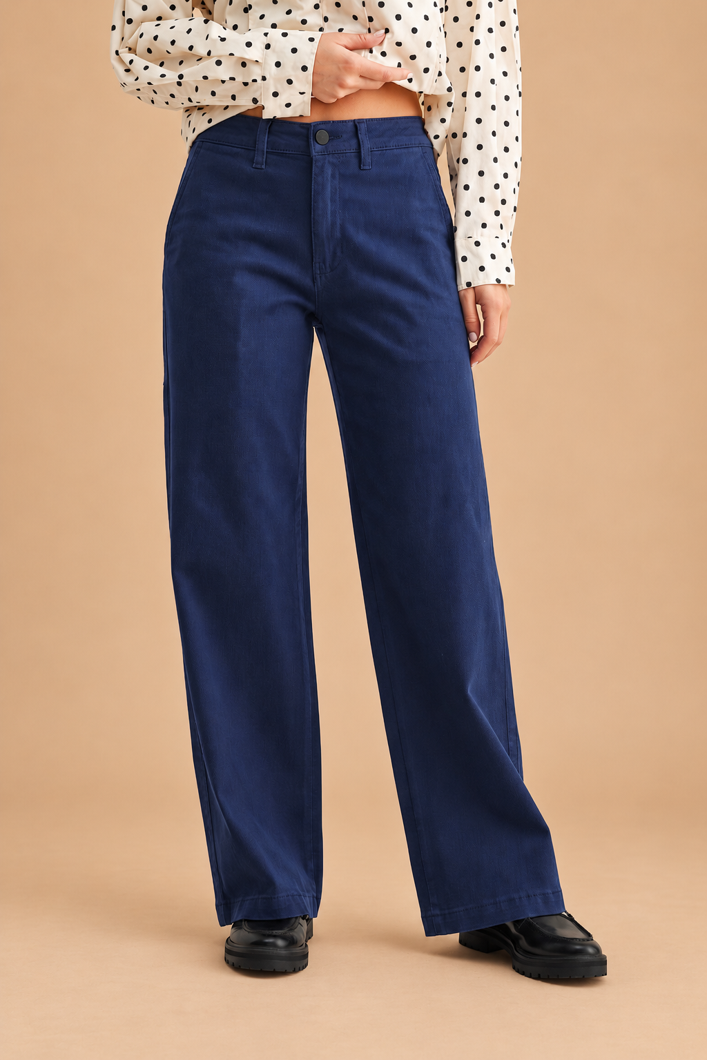 Stretch Twill Straight Leg Pant — Dark Navy, front view on tan background