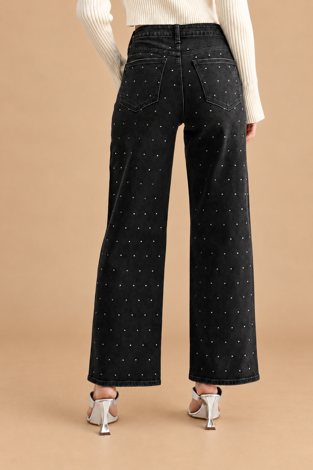 Vintage Straight Jean — Rhinestone Black, back view on tan background