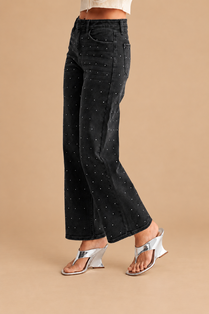 Vintage Straight Jean — Rhinestone Black, side view on tan background