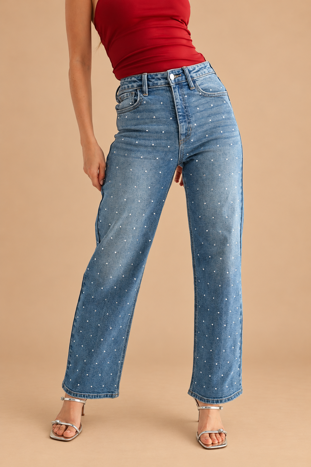 Vintage Straight Jean — Rhinestone, front view on tan background