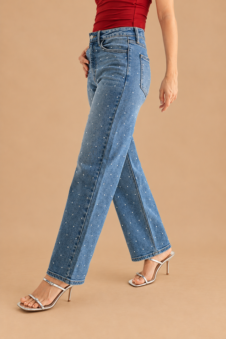 Vintage Straight Jean — Rhinestone, side view on tan background