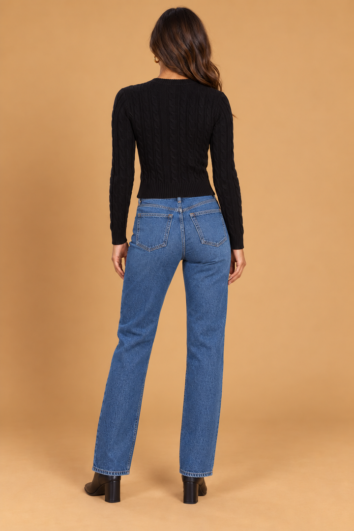 Bethany Cardigan Black back on holiday campaign model