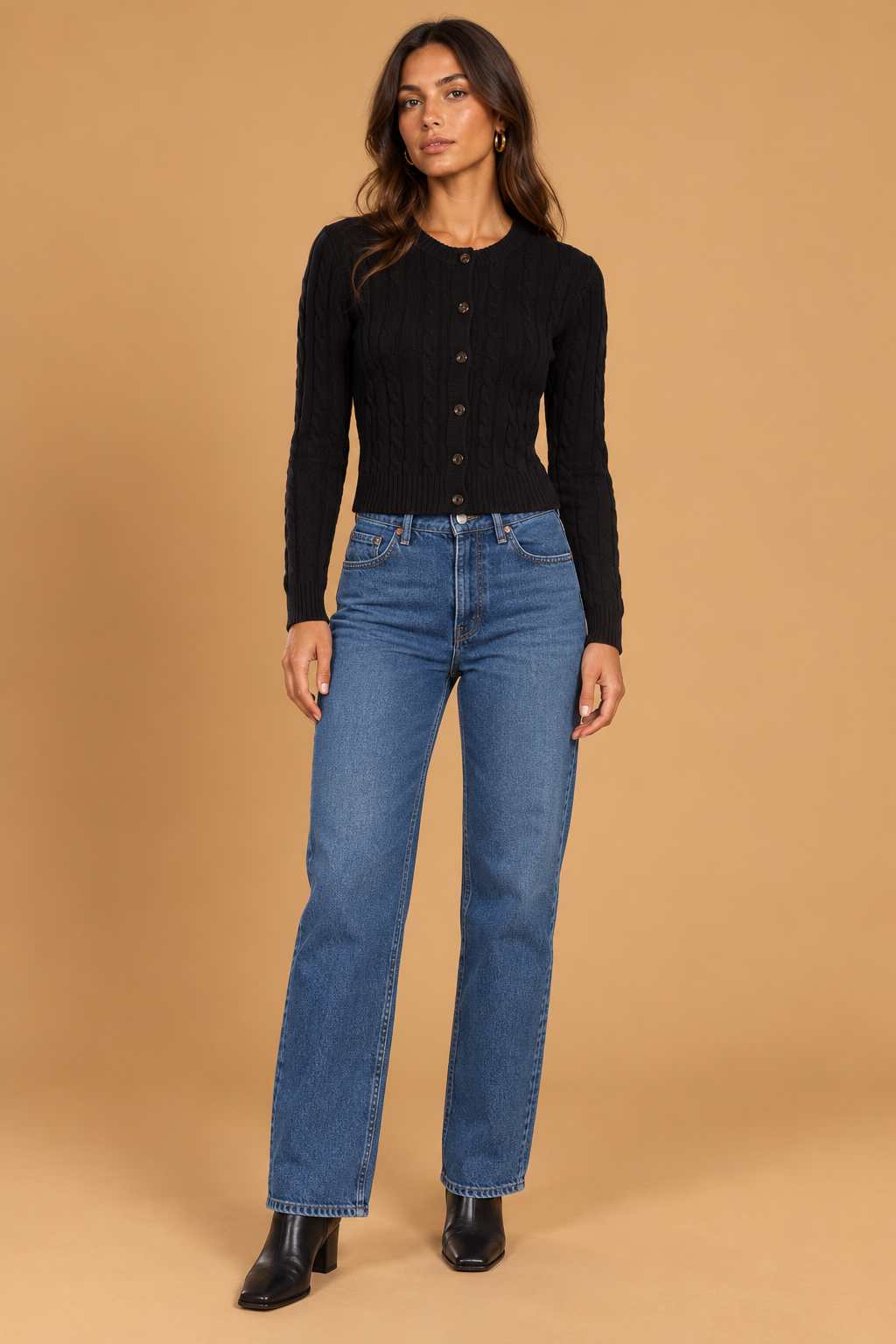 Bethany Cardigan Black front on holiday campaign model