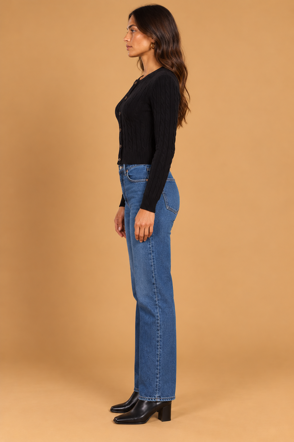 Bethany Cardigan Black side on holiday campaign model