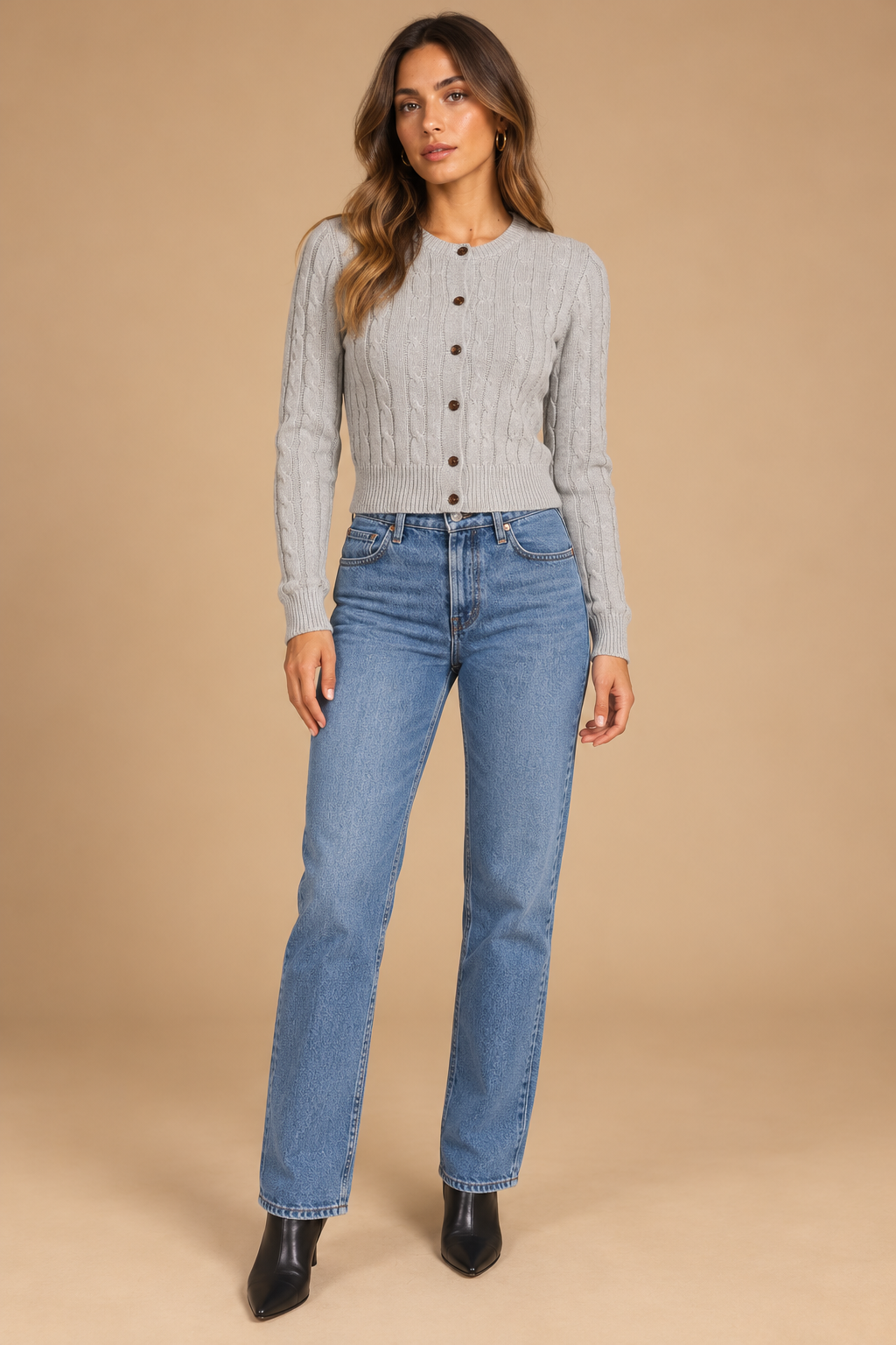 Bethany Cardigan LT-Heather-Grey front on holiday campaign model