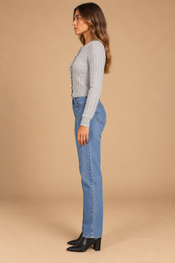 Bethany Cardigan LT-Heather-Grey side on holiday campaign model