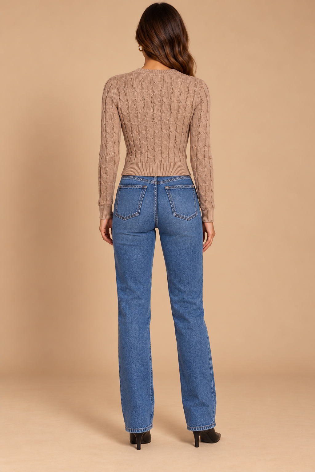 Bethany Cardigan Taupe back on holiday campaign model