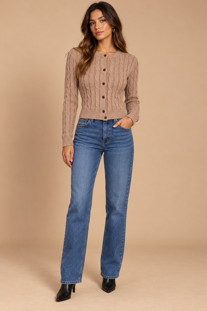 Bethany Cardigan Taupe front on holiday campaign model