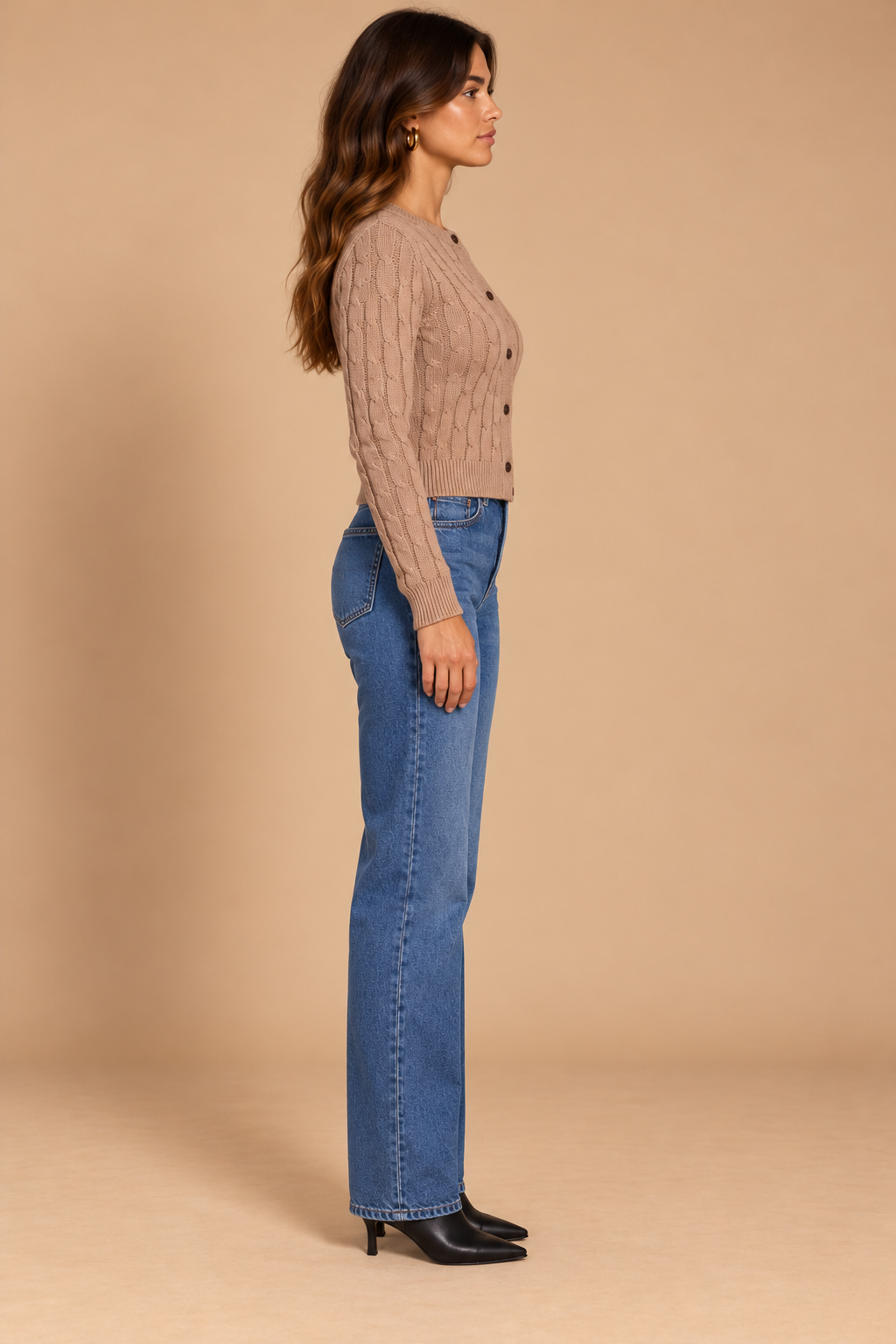 Bethany Cardigan Taupe side on holiday campaign model