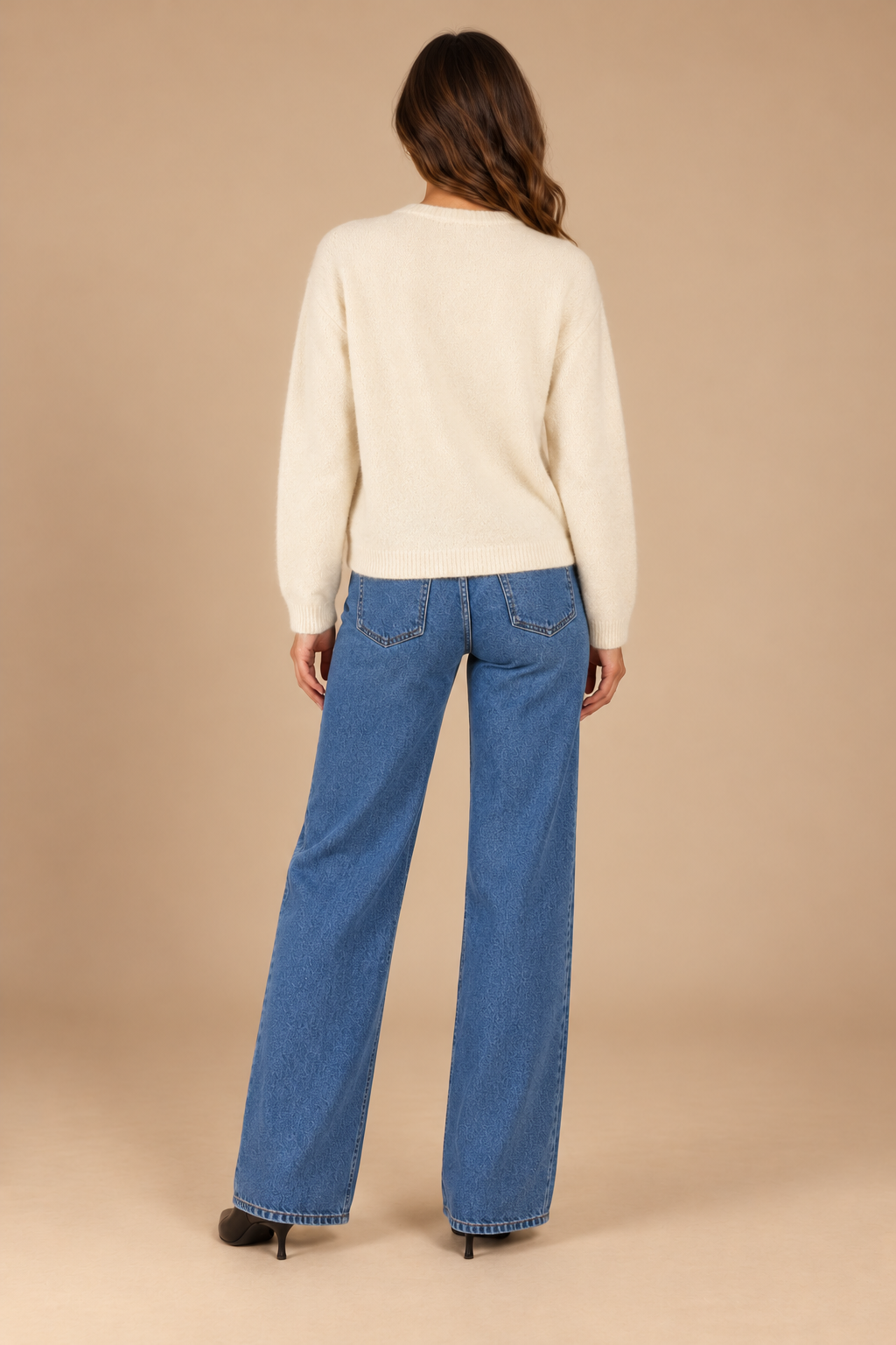 Cara Crewneck Button Up Cardigan Oatmeal back view on holiday campaign model