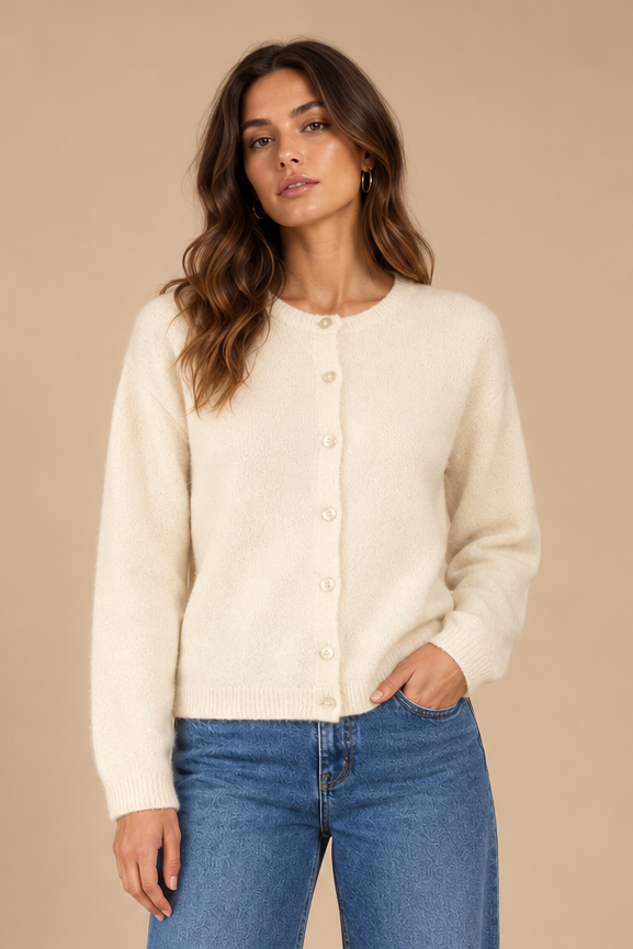 Cara Crewneck Button Up Cardigan Oatmeal front view on holiday campaign model