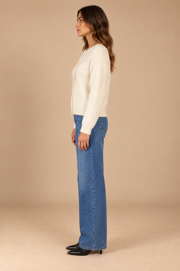 Cara Crewneck Button Up Cardigan Oatmeal side view on holiday campaign model