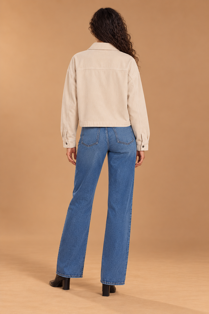 Jill Corduroy Cropped Shacket Stone back view on holiday campaign model