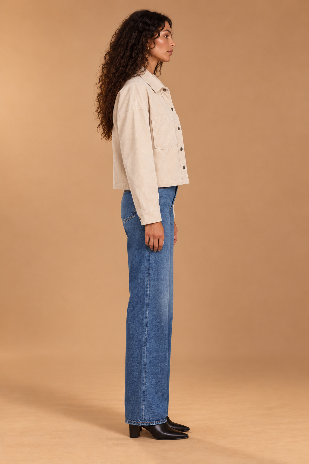 Jill Corduroy Cropped Shacket Stone side view on holiday campaign model