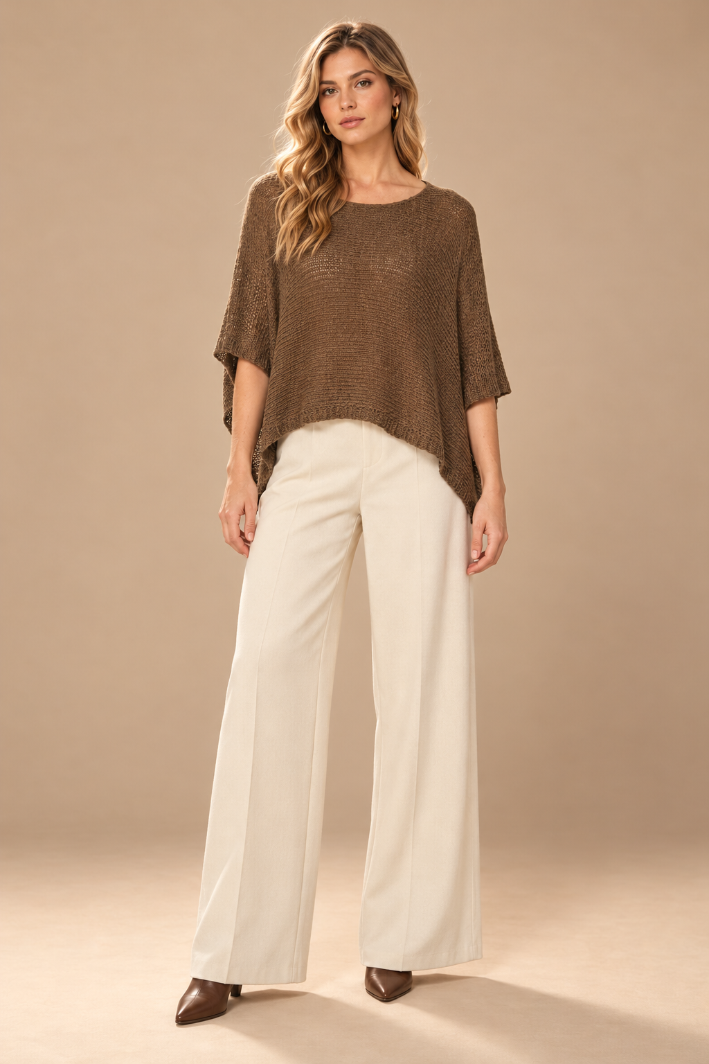 Myra Cropped Poncho Mocha front view on holiday campaign model